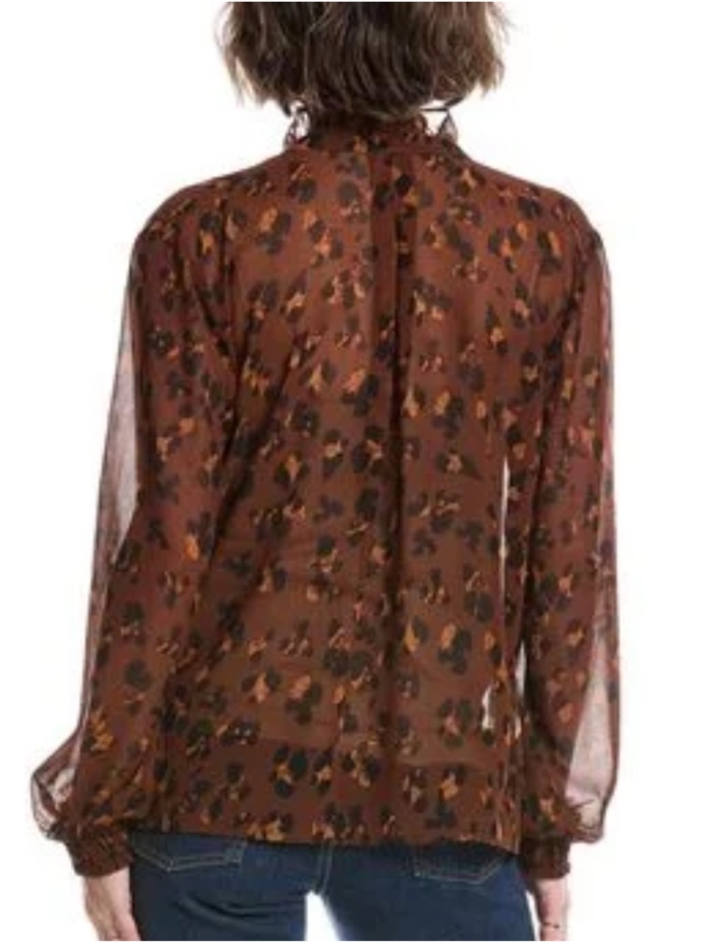 Cabi Gorgeous Semi Sheer Brown Animal Print Ruffle Neck Blouse Small - Picture 3 of 15